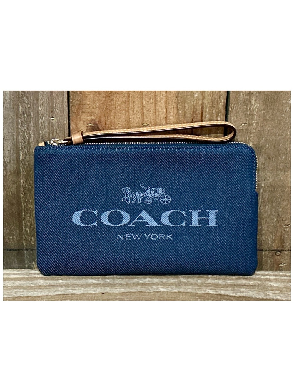 Coach Denim and Leather Large Signature Corner Zip Wristlet. - Picture 10 of 14